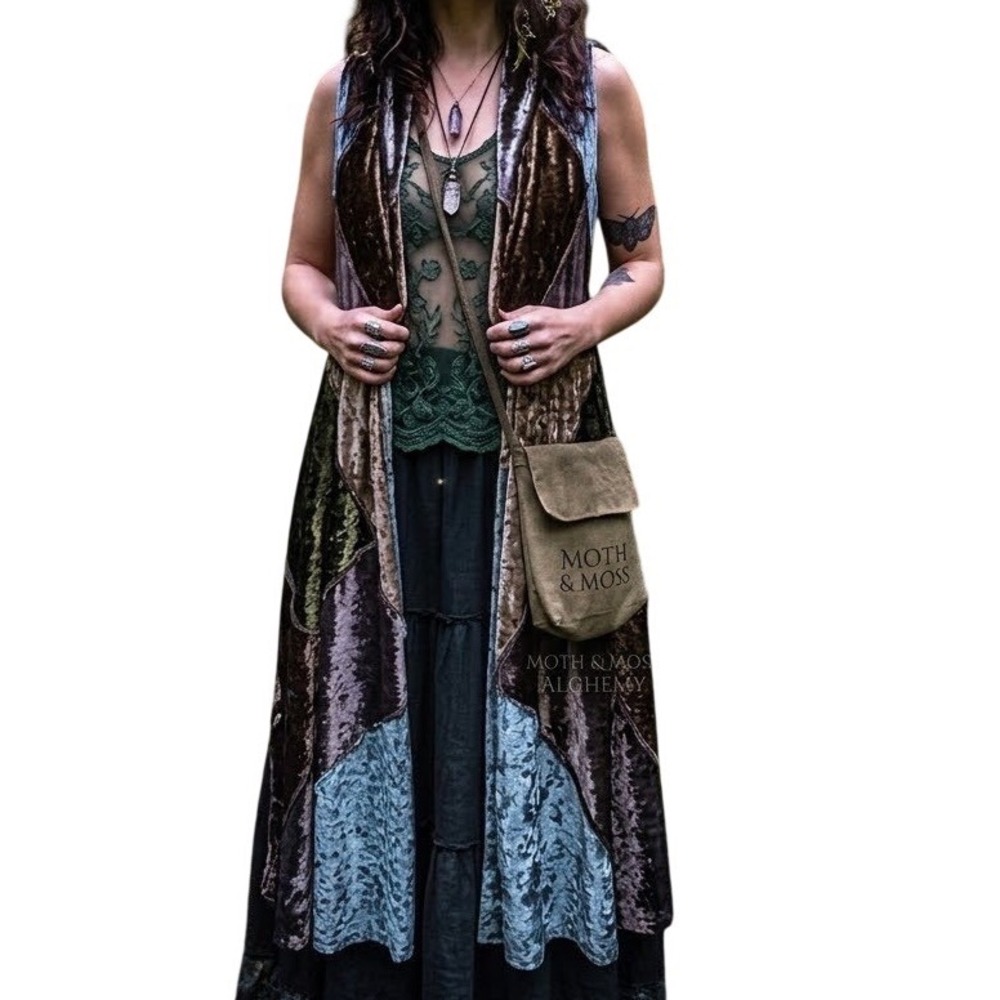 Dor Dor Couture crushed velvet Patchwork Duster Vest L Multi Color open front